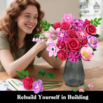 CUBIMANA Blumenstrauß Set mit Licht – 21 Rosenrot Blumen Botanik Kollektion für Erwachsene, Oster-Geburtstags Geschenke für Ehefrau/Freundin/Mutter, 832 Stück Rosen Blume Set für die Home Deko - 4