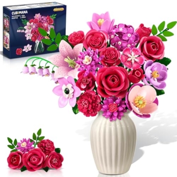 CUBIMANA Blumenstrauß Set mit Licht – 21 Rosenrot Blumen Botanik Kollektion für Erwachsene, Oster-Geburtstags Geschenke für Ehefrau/Freundin/Mutter, 832 Stück Rosen Blume Set für die Home Deko - 1