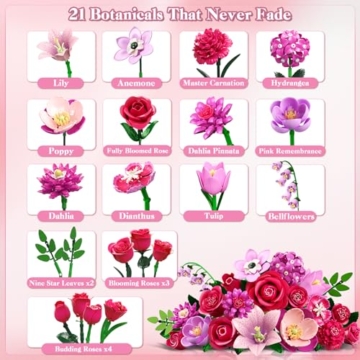 CUBIMANA Blumenstrauß Set mit Licht – 21 Rosenrot Blumen Botanik Kollektion für Erwachsene, Oster-Geburtstags Geschenke für Ehefrau/Freundin/Mutter, 832 Stück Rosen Blume Set für die Home Deko - 5