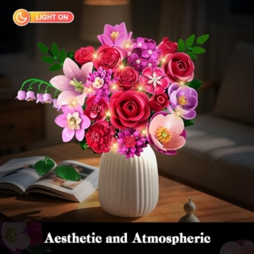 CUBIMANA Blumenstrauß Set mit Licht – 21 Rosenrot Blumen Botanik Kollektion für Erwachsene, Oster-Geburtstags Geschenke für Ehefrau/Freundin/Mutter, 832 Stück Rosen Blume Set für die Home Deko - 8