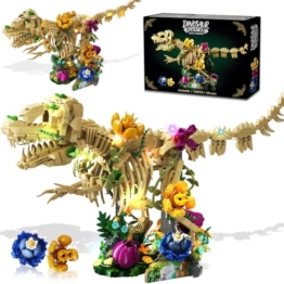 CUBIMANA Dinosaurier-Fossilien-Blumen-Bauspielzeug Set mit Licht, 1185 PCS Dino-Botanik-Bauset für Erwachsene, Skelett-Modellbausatz für Heimdekoration Ausstellung, Geschenk für Erwachsene Jugendliche - 1
