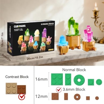 CUBIMANA Erwachsene Mineraliensammlung Blumen 3.6MM Mini Bauspielzeug mit LED Licht, 9 Pack Kristalle Bonsai Baukasten für Zuhause Büro, 1170PCS Weihnachts Klemmbausteine für Erwachsene Kinder 14+ - 6