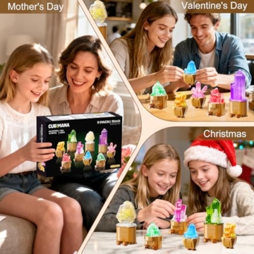CUBIMANA Erwachsene Mineraliensammlung Blumen 3.6MM Mini Bauspielzeug mit LED Licht, 9 Pack Kristalle Bonsai Baukasten für Zuhause Büro, 1170PCS Weihnachts Klemmbausteine für Erwachsene Kinder 14+ - 7