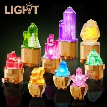 CUBIMANA Erwachsene Mineraliensammlung Blumen 3.6MM Mini Bauspielzeug mit LED Licht, 9 Pack Kristalle Bonsai Baukasten für Zuhause Büro, 1170PCS Weihnachts Klemmbausteine für Erwachsene Kinder 14+ - 8