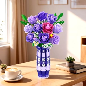 CUBIMANA Lila Rosen Blumen-Bauset mit Vase und LED-Licht, 17 Mini-Blumenstrauß-Bausteine, künstliche Blumen für Zuhause und Büro, Geschenk für Erwachsene, Frauen und Mädchen ab 12 Jahren - 2