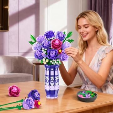 CUBIMANA Lila Rosen Blumen-Bauset mit Vase und LED-Licht, 17 Mini-Blumenstrauß-Bausteine, künstliche Blumen für Zuhause und Büro, Geschenk für Erwachsene, Frauen und Mädchen ab 12 Jahren - 3