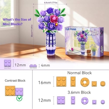 CUBIMANA Lila Rosen Blumen-Bauset mit Vase und LED-Licht, 17 Mini-Blumenstrauß-Bausteine, künstliche Blumen für Zuhause und Büro, Geschenk für Erwachsene, Frauen und Mädchen ab 12 Jahren - 4