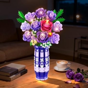 CUBIMANA Lila Rosen Blumen-Bauset mit Vase und LED-Licht, 17 Mini-Blumenstrauß-Bausteine, künstliche Blumen für Zuhause und Büro, Geschenk für Erwachsene, Frauen und Mädchen ab 12 Jahren - 5