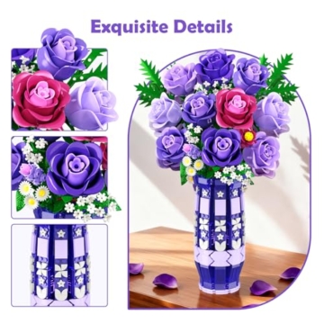 CUBIMANA Lila Rosen Blumen-Bauset mit Vase und LED-Licht, 17 Mini-Blumenstrauß-Bausteine, künstliche Blumen für Zuhause und Büro, Geschenk für Erwachsene, Frauen und Mädchen ab 12 Jahren - 6