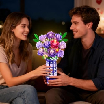 CUBIMANA Lila Rosen Blumen-Bauset mit Vase und LED-Licht, 17 Mini-Blumenstrauß-Bausteine, künstliche Blumen für Zuhause und Büro, Geschenk für Erwachsene, Frauen und Mädchen ab 12 Jahren - 7