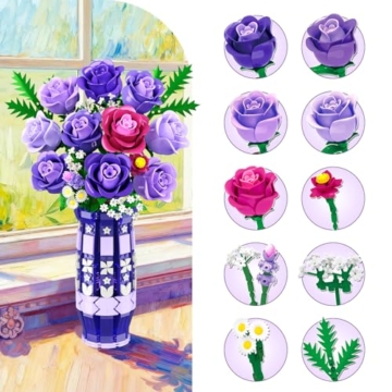 CUBIMANA Lila Rosen Blumen-Bauset mit Vase und LED-Licht, 17 Mini-Blumenstrauß-Bausteine, künstliche Blumen für Zuhause und Büro, Geschenk für Erwachsene, Frauen und Mädchen ab 12 Jahren - 8