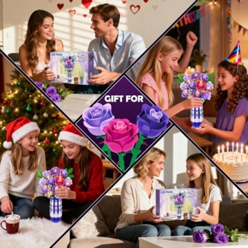 CUBIMANA Lila Rosen Blumen-Bauset mit Vase und LED-Licht, 17 Mini-Blumenstrauß-Bausteine, künstliche Blumen für Zuhause und Büro, Geschenk für Erwachsene, Frauen und Mädchen ab 12 Jahren - 9