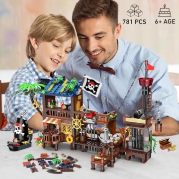 CUBIMANA Piraten Wharf Bauspielzeug mit Licht Piratenschiff - 3 Modi Piratenhafen Baustein 781 Stück Mittelalterliches Piratenhaus Klemmbausteine Bausteinset, Geschenk Set für Kinder Jungen 6+ - 2