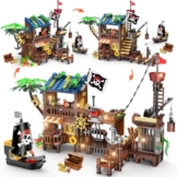 CUBIMANA Piraten Wharf Bauspielzeug mit Licht Piratenschiff - 3 Modi Piratenhafen Baustein 781 Stück Mittelalterliches Piratenhaus Klemmbausteine Bausteinset, Geschenk Set für Kinder Jungen 6+ - 1