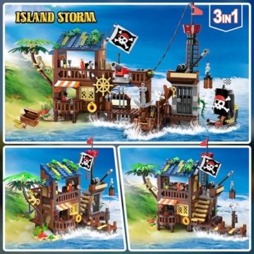 CUBIMANA Piraten Wharf Bauspielzeug mit Licht Piratenschiff - 3 Modi Piratenhafen Baustein 781 Stück Mittelalterliches Piratenhaus Klemmbausteine Bausteinset, Geschenk Set für Kinder Jungen 6+ - 3