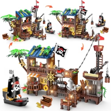 CUBIMANA Piraten Wharf Bauspielzeug mit Licht Piratenschiff - 3 Modi Piratenhafen Baustein 781 Stück Mittelalterliches Piratenhaus Klemmbausteine Bausteinset, Geschenk Set für Kinder Jungen 6+ - 1