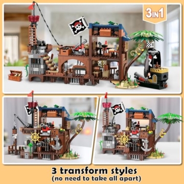 CUBIMANA Piraten Wharf Bauspielzeug mit Licht Piratenschiff - 3 Modi Piratenhafen Baustein 781 Stück Mittelalterliches Piratenhaus Klemmbausteine Bausteinset, Geschenk Set für Kinder Jungen 6+ - 9