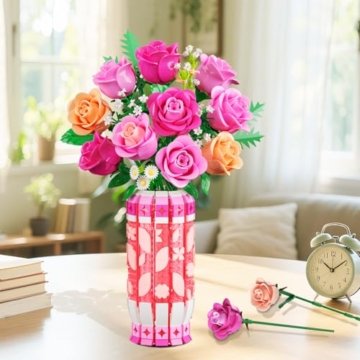 CUBIMANA Romantischer Rosa Rosenstrauß-Bausatz mit Vase und LED-Licht, 845 PCS Blumen-Baustein-Spielzeug, Geschenke für Sie und Ihn, künstliche Kunstblumen für Büro, Heimdekoration und Ausstellung - 2
