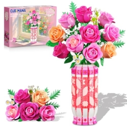 CUBIMANA Romantischer Rosa Rosenstrauß-Bausatz mit Vase und LED-Licht, 845 PCS Blumen-Baustein-Spielzeug, Geschenke für Sie und Ihn, künstliche Kunstblumen für Büro, Heimdekoration und Ausstellung - 1