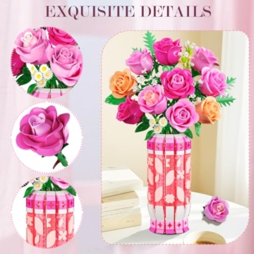 CUBIMANA Romantischer Rosa Rosenstrauß-Bausatz mit Vase und LED-Licht, 845 PCS Blumen-Baustein-Spielzeug, Geschenke für Sie und Ihn, künstliche Kunstblumen für Büro, Heimdekoration und Ausstellung - 7