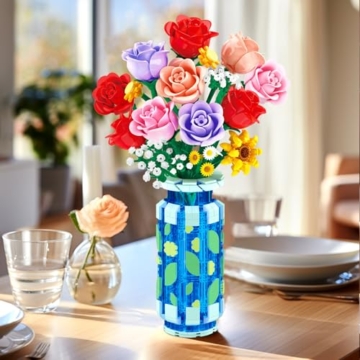 CUBIMANA Rosen-Blumen-Bausatz mit Vase und LED-Licht, 16 Mini-Blumensträuße, botanisches Bausteinspielzeug für Erwachsene, Muttertagsgeschenk, künstliche Blumen als Heimdekoration und Ausstellung - 3