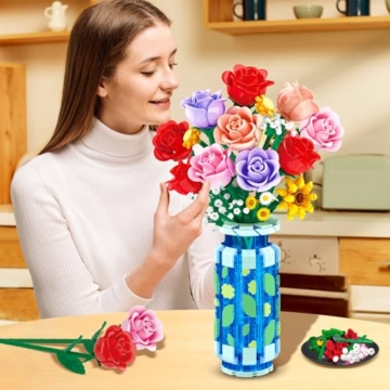 CUBIMANA Rosen-Blumen-Bausatz mit Vase und LED-Licht, 16 Mini-Blumensträuße, botanisches Bausteinspielzeug für Erwachsene, Muttertagsgeschenk, künstliche Blumen als Heimdekoration und Ausstellung - 4
