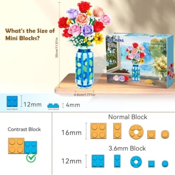 CUBIMANA Rosen-Blumen-Bausatz mit Vase und LED-Licht, 16 Mini-Blumensträuße, botanisches Bausteinspielzeug für Erwachsene, Muttertagsgeschenk, künstliche Blumen als Heimdekoration und Ausstellung - 8