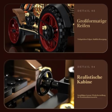 DUANT Retro mechanisches Dampfauto Klemmbausteine Technik, MOC-Oldtimer-Bausatz, Supercar-Spielzeugmodell, Bausteine für Erwachsene zum Sammeln von Autos(1-10) - 8