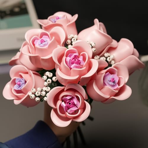 ENJBRICK Rosa Rosen Blumenstrauß Klemmbausteine mit Schleierkraut, Künstliche Blumen Botanische Kollektion, Geschenk für Frauen zum Muttertag, Ästhetische Raumdeko Kompatibel mit Lego - 2