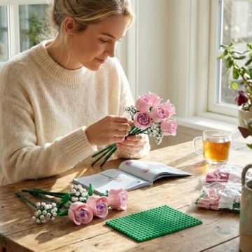 ENJBRICK Rosa Rosen Blumenstrauß Klemmbausteine mit Schleierkraut, Künstliche Blumen Botanische Kollektion, Geschenk für Frauen zum Muttertag, Ästhetische Raumdeko Kompatibel mit Lego - 4