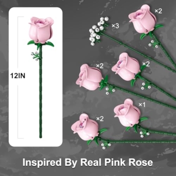 ENJBRICK Rosa Rosen Blumenstrauß Klemmbausteine mit Schleierkraut, Künstliche Blumen Botanische Kollektion, Geschenk für Frauen zum Muttertag, Ästhetische Raumdeko Kompatibel mit Lego - 6