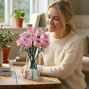 ENJBRICK Rosa Rosen Blumenstrauß Klemmbausteine mit Schleierkraut, Künstliche Blumen Botanische Kollektion, Geschenk für Frauen zum Muttertag, Ästhetische Raumdeko Kompatibel mit Lego - 7