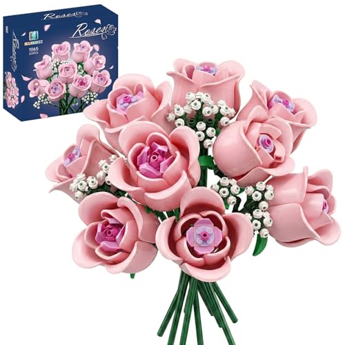 ENJBRICK Rosa Rosen Blumenstrauß Klemmbausteine mit Schleierkraut, Künstliche Blumen Botanische Kollektion, Geschenk für Frauen zum Muttertag, Ästhetische Raumdeko Kompatibel mit Lego - 1
