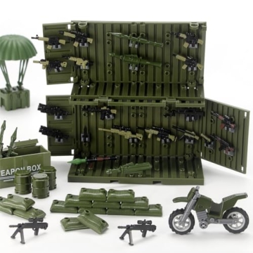 Feleph Militär-Waffen-Set mit Frachtcontainer, Armeeausrüstung, Rüstung 325 Teile – Diverse militärische Zubehörteile als Bausteine-Spielzeug, kompatibel mit gängigen Soldaten-Figurenmarken (Grün). - 2
