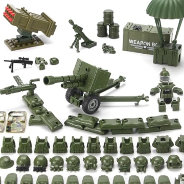 Feleph Militär-Waffen-Set mit Frachtcontainer, Armeeausrüstung, Rüstung 325 Teile – Diverse militärische Zubehörteile als Bausteine-Spielzeug, kompatibel mit gängigen Soldaten-Figurenmarken (Grün). - 3