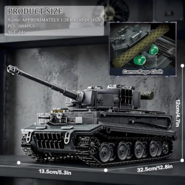 Finger Rock Militär Tiger Panzer Klemmbausteine,1668 Teile WW2 Technik Armee Schwer Panzer Bausteine 1:28 Kampfpanzer Modell Kampfwagen Kreative Geschenk für Militärfans Erwachsene or Junge Menschen - 4