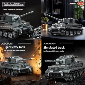 Finger Rock Militär Tiger Panzer Klemmbausteine,1668 Teile WW2 Technik Armee Schwer Panzer Bausteine 1:28 Kampfpanzer Modell Kampfwagen Kreative Geschenk für Militärfans Erwachsene or Junge Menschen - 5