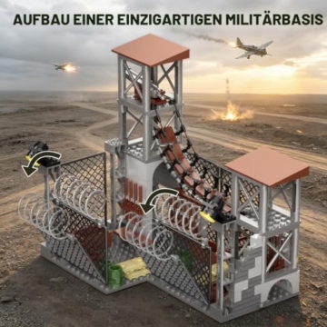 Finger Rock WW2 Militärbasis Klemmbausteine mit Hängebrücke‌ Mini Waffen Kriegszubehö, Outpost Tower Architecture Modell, Ideen Militär Geschenk für Erwachsene Jugendliche - 4