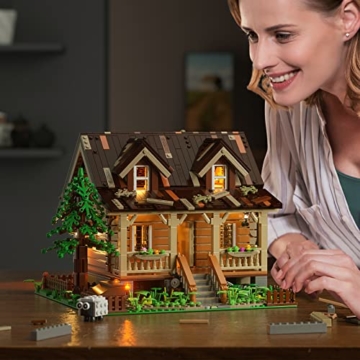 FunWhole Architektur Bausteine Haus Bausatz: mit LED Set Baumhaus Holzhütte Modulares Haus, Modellbausatz für Kinder und Erwachsene, kompatibel mit Lego Modell Geschenk für 16+ 18+