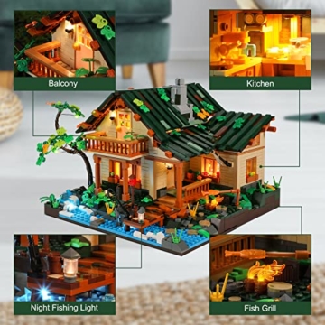 FunWhole Lakeside Lodge Bausteine Haus Bausatz: mit LED Set Baumhaus Holzhütte Modulares Haus, Modellbausatz für Kinder und Erwachsene, kompatibel mit Lego Modell Geschenk 