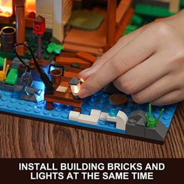 FunWhole Lakeside Lodge Bausteine Haus Bausatz: mit LED Set Baumhaus Holzhütte Modulares Haus, Modellbausatz für Kinder und Erwachsene, kompatibel mit Lego Modell Geschenk 