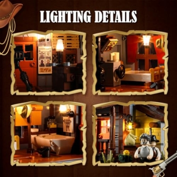 FUNWHOLE Old West Sheriff's Office Lighting Building Blocks Set - Old West Modular Building Kits 1240 Pieces Cowboy Clamping Building Blocks Wild West Toy for Adults and Teenagers - 3