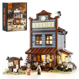 FUNWHOLE Old West Sheriff's Office Lighting Building Blocks Set - Old West Modular Building Kits 1240 Pieces Cowboy Clamping Building Blocks Wild West Toy for Adults and Teenagers - 1