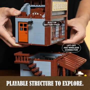 FUNWHOLE Old West Sheriff's Office Lighting Building Blocks Set - Old West Modular Building Kits 1240 Pieces Cowboy Clamping Building Blocks Wild West Toy for Adults and Teenagers - 4