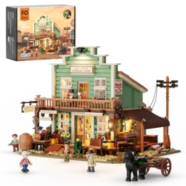 FUNWHOLE Western General Store Beleuchtetes Bauklötze-Set – 1895 Teile Die Alt-West-Stadt-Kollektion Display-Set für Erwachsene und Western-Liebhaber - 1
