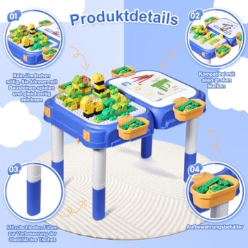 Fygurso Kindertisch mit Stühle, Kinder Tisch Stuhl Set ab 3 Jahre mit 90 Stück Kompatible Große Bausteine, Spieltisch Kinder Umbaubar in eine Box mit Rädern Zum Fahren, Kindertisch mit 1 Stuhl als