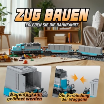 Güterzug Bausatz Eisenbahn Baustein Zug, Lokomotive und Wagen, Modellbau-Spielzeug Geschenk für Kinder ab 8 Jahren/Erwachsene (1078 Teile, mit 32 Schienen und wiederaufladbarem Motor) - 4