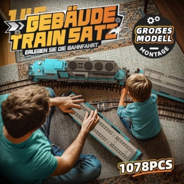 Güterzug Bausatz Eisenbahn Baustein Zug, Lokomotive und Wagen, Modellbau-Spielzeug Geschenk für Kinder ab 8 Jahren/Erwachsene (1078 Teile, mit 32 Schienen und wiederaufladbarem Motor) - 6