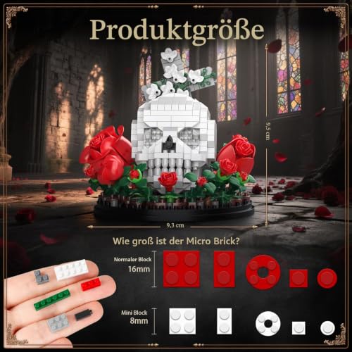 HIGH GODO Gothic Rose Klemmbausteine, 582 Teile LED Skull in Rosen mit Hintergrundkreuz, Totenkopf Gothic-Heimdekoration Blumen, Halloween Geburtstagsgeschenk für Sammler - 2