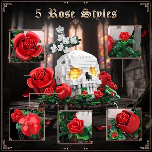 HIGH GODO Gothic Rose Klemmbausteine, 582 Teile LED Skull in Rosen mit Hintergrundkreuz, Totenkopf Gothic-Heimdekoration Blumen, Halloween Geburtstagsgeschenk für Sammler - 3